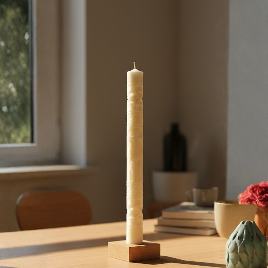 set of Carved Holy Cross Pillar Candle 2 NOS 11.5 Inch