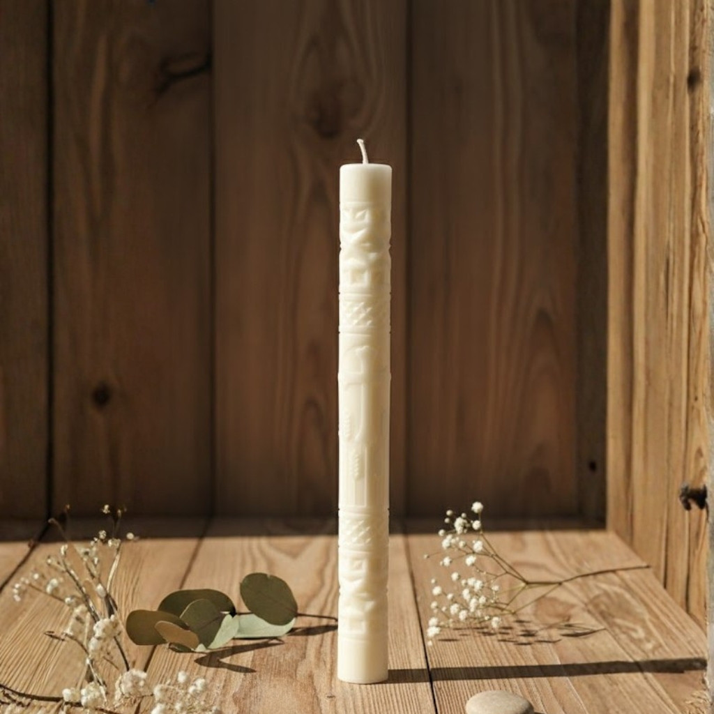 set of Carved Holy Cross Pillar Candle 2 NOS 11.5 Inch